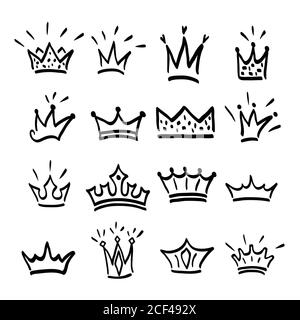 Logo Crown graffiti icône dessinée à la main. Éléments noirs isolés sur fond blanc. Ensemble de couronne et tiara dessinés à la main pour princesse.Vector illu Illustration de Vecteur