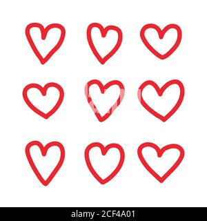 Cœur rouge icônes dessinées à la main ensemble de vecteurs isolé sur fond blanc. Pour la Saint-Valentin, bannières, affiches et papier peint. Collection de coeurs pour crea Illustration de Vecteur