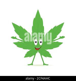 Personnage amusant de dessin animé de cannabis. Drôle sourire heureux marijuana mauvaise herbe vert face de feuille. Médical, ganja cannabis. Illustration vectorielle isolée sur bac blanc Illustration de Vecteur