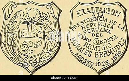 . Monetario americano (ilustrado) clasificado. N 1446—Anverso en el campo: Al Comí Alfonso ligarteHéroe del Morro de Arica Junio 7 1880 sus COM-provinciales los Tarapaqueños. Reverso Leyenda Recuerdo de la Traslación de susRestos á la capitale de la República • Lima • en elcampo: Una cruz con corona de laurel de izquierda áderecha. Acero: Peso 12 gramme. Decís 463 —. N 1447-Anverso en el campo: Escudo de armas del Perú. Reverso en el campo: Exaltación á la Presidenciade la República Peruana del EXM Sr. Coronel Re-migio Morales Bermudez Agosto 10 de 1890. Plata : peso 7 gramlos. Banque D'Images
