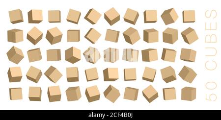 Ensemble de cubes 3D bruns isolés sur fond blanc. Lumière, perspective et angle différents. Illustration vectorielle. Isolé sur fond blanc. Illustration de Vecteur