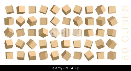 Ensemble de cubes 3D bruns isolés sur fond blanc. Lumière, perspective et angle différents. Illustration vectorielle. Isolé sur fond blanc. Illustration de Vecteur