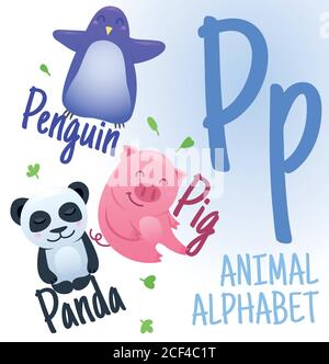 Alphabet animal en vecteur. Lettre P. Animaux de dessin animé très mignon Penguin, Pig, Panda. Illustration de Vecteur