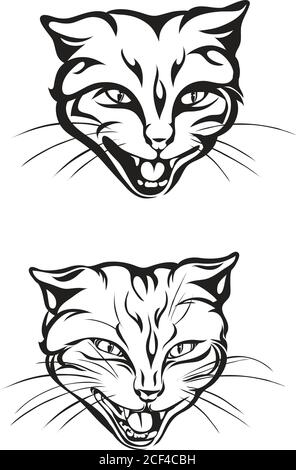 Chat, tête, grin, dents, museau, vecteur, illustration, ensemble, blanc, noir, isolé, simple, icône, art, symbole, graphique, dessin, temps réel Illustration de Vecteur