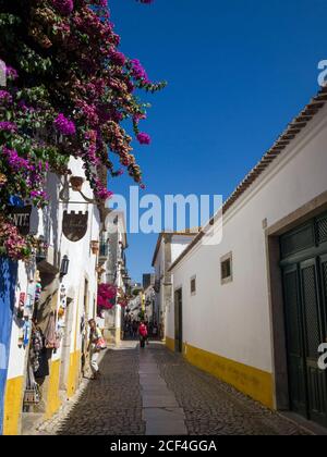 Touristes marchant sur une rue pavée étroite flanquée de petits magasins/magasins dans la ville fortifiée d'Obidos, Estrémadure, Portugal Banque D'Images