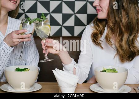 Deux jolies dames souriant et prenant des verres de cocktails alcoolisés tout en déjeunant ensemble dans un restaurant confortable Banque D'Images