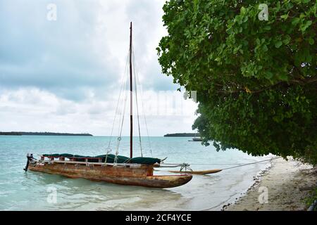 Un petit bateau de pêche en catamaran en bois attaché à un arbre le long d'une plage tropicale sur l'île des pins, en Nouvelle-Calédonie. Banque D'Images