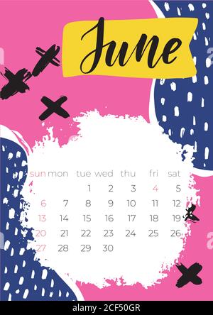 2021 juin Calendrier anglais abstrait Vector dessiné à la main Illustration de Vecteur