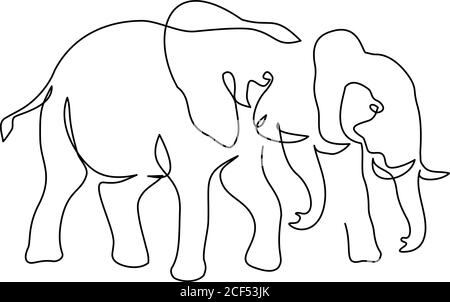 Couple éléphants marchant. Illustration vectorielle continue d'un dessin art sur une ligne isolée sur fond blanc. Illustration de Vecteur