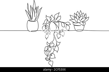 Plantes de maison en pots. Mise en plan continue d'une ligne. Isolé sur fond blanc. Illustration vectorielle. Illustration de Vecteur