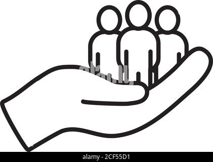 pictogramme personnes debout sur une main icône sur fond blanc, style de ligne, illustration vectorielle Illustration de Vecteur