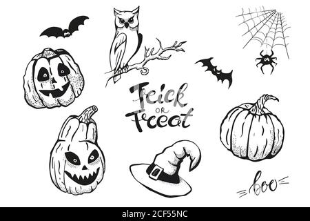Ensemble d'autocollants éléments graphiques d'Halloween. Lanterne citrouille Jack, hibou, araignée et éléments de lettrage. Illustration à l'encre dessinée à la main. Illustration de Vecteur