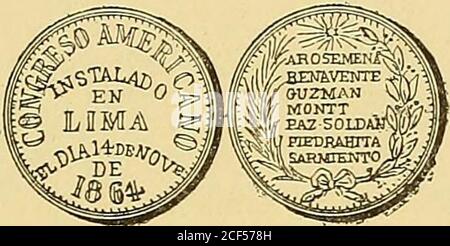 . Monetario americano (ilustrado) clasificado. No 1418—Anverso Leyenda El 28 de Julio. En el campo: LaLibertad sentada á la derecha, con un escudo con sol ra-diante en la mano derecha y en la otra asta con el gorrofrigio. Del mismo lado, piédestal rodeado de faja con la — 453 — inscripción; Libertad y encima una corona de laurel. Exergo:1863. Reverso en el campo: El Convictorio de S. Carlosá los Defensores de la Independencia del Perú, dentro de corona de laureles. Exergo: R. B. Plata: Peso 13 gramme. 3 décíg.. N° 1419—Anverso Leyenda Congreso Americano. En el campo:Instalado en Lima el Dia 14 de Banque D'Images