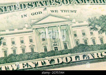 Vue macro de la Maison Blanche sur la facture de vingt dollars des États-Unis. Banque D'Images