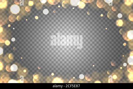 Cadre bokeh doré sur fond transparent. Modèle de décoration de Noël. Bordure dorée avec éléments flous. Effet brillant brillant pour un accueil chaleureux Illustration de Vecteur
