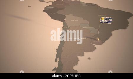 Drapeau sur la carte de l'Uruguay. Carte d'époque et drapeau des pays d'Amérique du Sud rendu 3D Banque D'Images