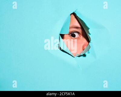 Enfant curieux avec les yeux bruns regardant loin à travers déchiré trou dans du papier bleu vif en studio Banque D'Images