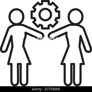 concept de féminisme, pictogramme couple de femmes et icône de roue d'engrenage sur fond blanc, style de ligne, illustration vectorielle Illustration de Vecteur