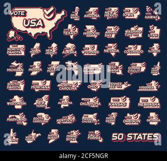 Ensemble de 50 États américains. Vote présidentiel aux Etats-Unis 2020 illustration vectorielle. Carte d'état avec texte à voter et coche rouge ou coche de votre choix. Autocollant Isol Illustration de Vecteur