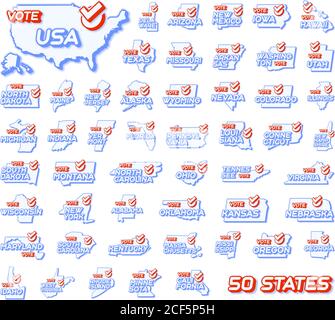 Ensemble de 50 États américains. Vote présidentiel aux Etats-Unis 2020 illustration vectorielle. Carte d'état avec texte à voter et coche rouge ou coche de votre choix. Autocollant Isol Illustration de Vecteur