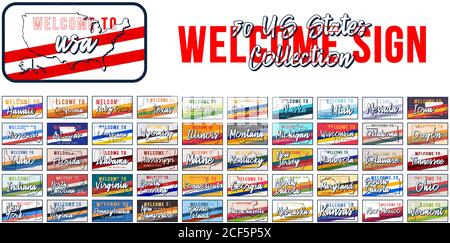 Bienvenue dans 50 États américains ensemble vintage rusty métal signe illustration vecteur. Carte d'état vectoriel en style grunge avec caractères typographiques dessinés à la main. VVecto Illustration de Vecteur