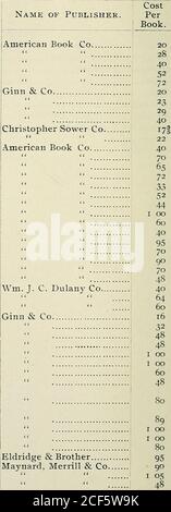 . Trente-troisième rapport annuel du Conseil national de l'éducation montrant l'état des écoles publiques du Maryland pour l'année se terminant le 31 juillet 1899. Montgomerys Beginners U. S. son... Montgomer)s Leading Facts of U.S. Histoire Montgomerys Leading Facts of Eng-lish History Allen & Greenaugs Latin Gram.... Allen & Greenauges Cfesar Collar & Daniels Beginners Latin... HCI-:ts Comp. Et rhétorique Andersons Histoire ancienne Andersons Histoire moderne Judson Jeune américain. Conseil d'Etat d'Educatwn. 277 LIVRES DE TEXTE LIBRE—SUITE. Liste des livres. Nom de l'éditeur. Les hulls des études de mots de Sheldons sont terminés Banque D'Images