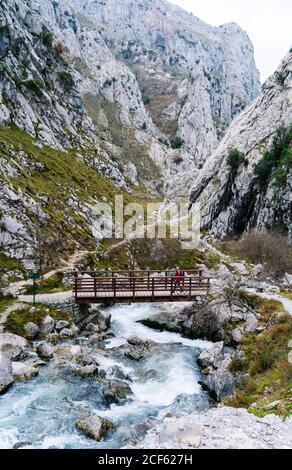 Vue latérale d'une femme enthousiaste touriste en veste rouge avec sac à dos à pied à la montagne à travers le pont en bois dans le village dans les sommets de l'Europe, Asturies, Espagne Banque D'Images
