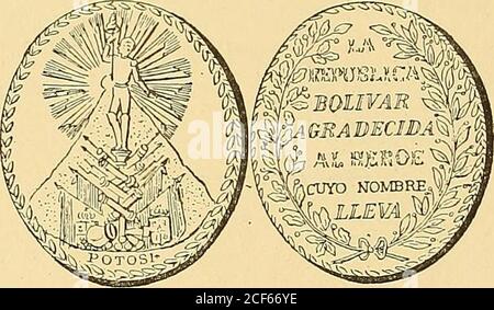 . Monetario americano (ilustrado) clasificado. N 714—Anverso Leyenda República Boliviana. En el campo: Escudo de armas de Bolivia; debajo nueve ellas. Reverso Leyenda la Union es la Fuerza E. F. Enel campo: En corona de laurel y roble: Veinte cents- 9Ds. Fin. Exergo : 1883. Plata : peso 4 grammes. 6 décíg. MEDALLAS GOBIERNO INDEPENDIENTE. BATALLA DE AYACUCHO N° 715 —Anverso en el campo: El cerro de Potosí, detrás sol radiantey « el libertador Bolívar colocado al término de una escalaformada de fusiles, espadas, cañones y banderas en atitudde fijar sobre la cima de la gordo li de la Gordo de la gordo Banque D'Images