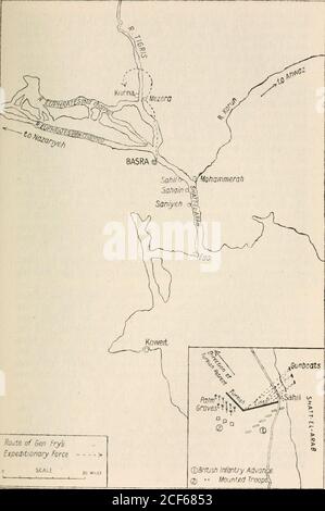 . Campagnes britanniques dans le proche-Orient, 1914-1918. 3ème Sappersand Miners, et la 33ème Cavalry. Dès que possible après le débarquement, les Turcs de Sahain ont été attaqués (novembre 15) par la brigade Poona et délogés. Mais sur le 17ème mot a été introduit que la force turque principale de Basrawas avançant. Une attaque britannique générale fut décidée d'un point de vue d'accord et toute la force s'est déplacée. À Sahil, à neuf milles au nord du camp britannique, l'armée turque fut découverte postée avec sa gauche dans l'estuaire, et sa droite, où son artillerie était en position de chiefyin, recouverte de bosquets de date Banque D'Images