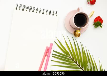 Vue de dessus d'un carnet d'esquisses ouvert avec un bateau en papier et du feutre stylos sur le dessus placés sur fond blanc près du café et baies Banque D'Images