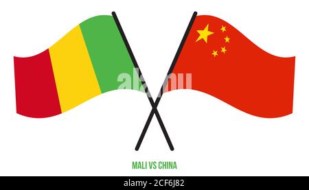 Mali et Chine les drapeaux ont croisé et agitant le style plat. Proportion officielle. Couleurs correctes. Illustration de Vecteur