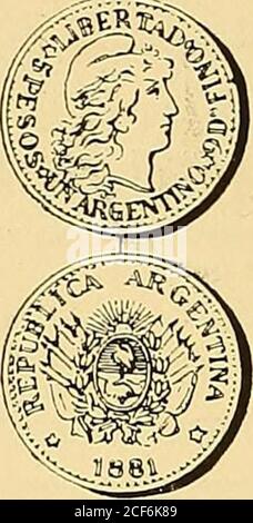 . Monetario americano (ilustrado) clasificado. NO 180—Anverso Leyenda Provincia de entre Rios Rep: AR-gentina. En el campo: Escudo de armas de esta Provincia.Reverso en el campo: Moneda Circulante de SanJosé un Medio 1867. Plata: Peso i gramo. — 64 —. N° i8i—Anverso Leyenda República Argentine * 1881 * Enel campo: Escudo de armas de la Nación. Reverso Leyenda Libertad * 5 pesos • un Argen-tino * 9 dos. Fino • en el campo: Busto de la libertad,á la derecha, cubierto con el gorro frigio. Debajo á la de-recha la palabra OuDiNE. En el canto: Igualdad antela Ley • • • * Oro: Peso 8 grammes. 0.645. Banque D'Images