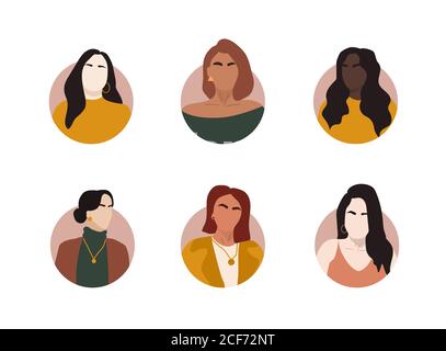 Réaliser différents portraits abstraits de femmes d'une grande équipe d'affaires diversifiée. Ensemble de collègues joyeux. Collection de personnages de dessins animés féminins. Divers Illustration de Vecteur