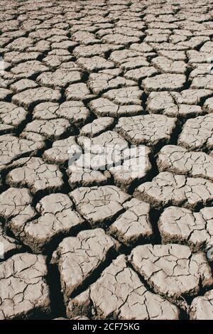 Fissures profondes couvrant la surface sèche du sol par beau temps en campagne Banque D'Images