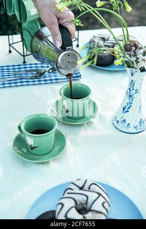 Une femme verse de la boisson chaude de la cafetière à la tasse en céramique pendant que pique-nique dans le jardin Banque D'Images