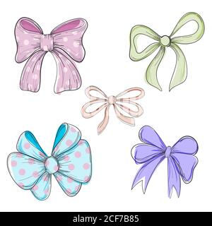 Collection de boucles et rubans vectoriels dessinés à la main. Illustration vectorielle. Adorable nœud papillon couleur à main levée, accessoires de cheveux pour fille à contour noir et noeud Illustration de Vecteur