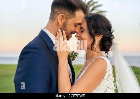 Vue latérale de gaie gaie dans l'élégant Tuxedo levage mariée dans la robe de mariage tout en se tenant sur la côte verte tropicale dedans heure du soir Banque D'Images