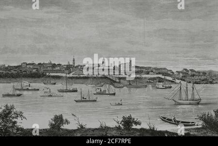 Mexique, Tampico. Vue sur le port de la ville (côte Atlantique). Gravure de Tomás Carlos Capuz (1834-1899). La Ilustracion Española y Americana, 1881. Banque D'Images