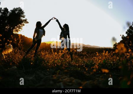 Vue latérale de la silhouette de jeunes filles debout avec bras levés sur la prairie pendant le beau coucher du soleil Banque D'Images