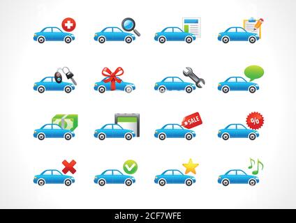 Ensemble d'icônes vectorielles d'interface pour les activités de location ou de service de voitures. Pour acheter une voiture, des pièces automobiles. Panneaux Web pour taxi. Boutons nouveau, oui, non, étoile, à commander. Illustration de Vecteur