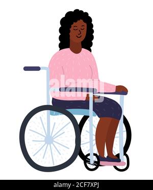 La jeune femme africaine est sur une chaise roulante, un handicap et une responsabilité sociale. Fille avec cheveux noirs et chandail rose. Illustration vectorielle de dessin animé Illustration de Vecteur