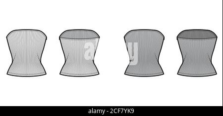 Haut tube côtelé illustration technique de la mode avec fermeture à glissière sur le côté, corps ajusté, encolure ronde, coupe près du corps. Modèle de vêtement à dessus plat à l'avant, à l'arrière, de couleur grise blanche. Femmes hommes unisexe tricot CAD maquette Illustration de Vecteur