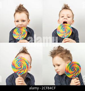 Un garçon dans une chemise en denim mangeant du sucettes. Joyeux enfant avec un grand bonbon sur fond blanc. Collage de quatre photos Banque D'Images