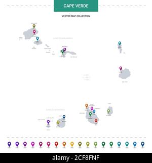 Carte du Cap-Vert avec repères de position. Modèle vectoriel d'infographie, isolé sur fond blanc. Illustration de Vecteur