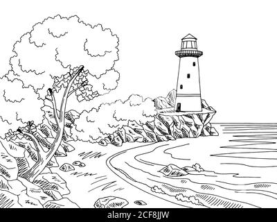 Phare mer côte graphique noir blanc paysage esquisse illustration vecteur Illustration de Vecteur