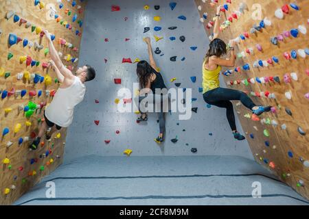 Vue latérale d'un jeune groupe de hommes et de femmes forts grimpeurs qui s'entraîne sur le mur dans la salle de gym moderne Banque D'Images