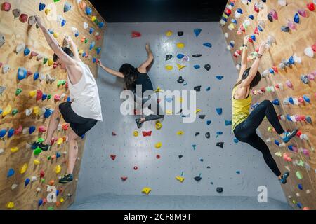 Vue latérale d'un jeune groupe de hommes et de femmes forts grimpeurs qui s'entraîne sur le mur dans la salle de gym moderne Banque D'Images