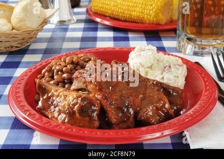 Côtelettes grillées sur une table de pique-nique avec des haricots cuits et salade de pommes de terre Banque D'Images