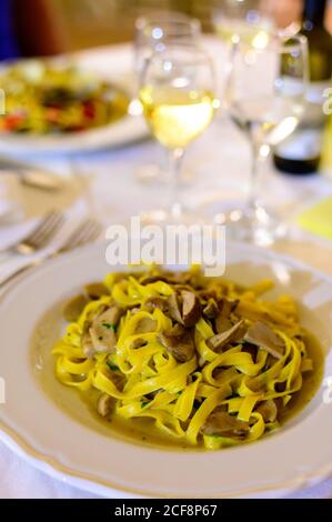 Savoureuses pâtes tagliatelles maison aux champignons porcini boletus fraîchement récoltés dans une sauce crémeuse, gros plan Banque D'Images