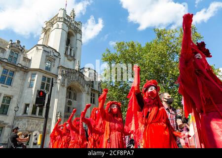 Manifestants à la rodée rouge lors de la manifestation de la rébellion d'extinction, Parliament Square, Londres, 1er septembre 2020 Banque D'Images